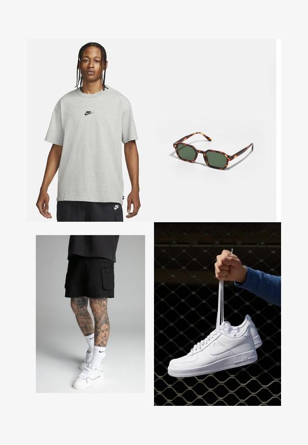 Ung person med fletninger iført en lys grå Nike T-shirt og sorte Nike shorts mod en ensfarvet hvid baggrund.; Sorte cargo shorts med sidelommer, der har en glat tekstur. Båret med hvide sportssokker og sneakers. Detaljerede tatoveringer på benene.; Hvide lædersneakers med perforeringer, rund tå, flad sål og tykke snørebånd, med et synligt swoosh-logo og "AIR" på hælen.; Skildpaddefarvede solbriller med grønne linser, der har en oktagonal form og slanke, buede arme. Materialet har en blank finish.