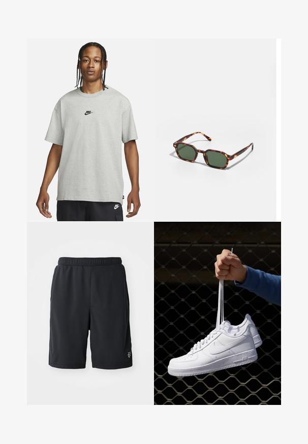Jong persoon met gevlochten haar, gekleed in een lichtgrijs Nike T-shirt en zwarte Nike shorts tegen een effen witte achtergrond.; Zwarte sportshorts van ademend mesh-materiaal, met een elastische tailleband en een subtiele logo-detail aan de onderkant rechts.; Witte leren sneakers met perforaties, ronde neus, vlakke zool en dikke veters, met een zichtbare swoosh-logo en "AIR" op de hiel.; Tortoiseshell zonnebrillen met groene glazen, met een octagonaal formaat en slanke, gebogen armen. Materiaal heeft een glanzende afwerking.