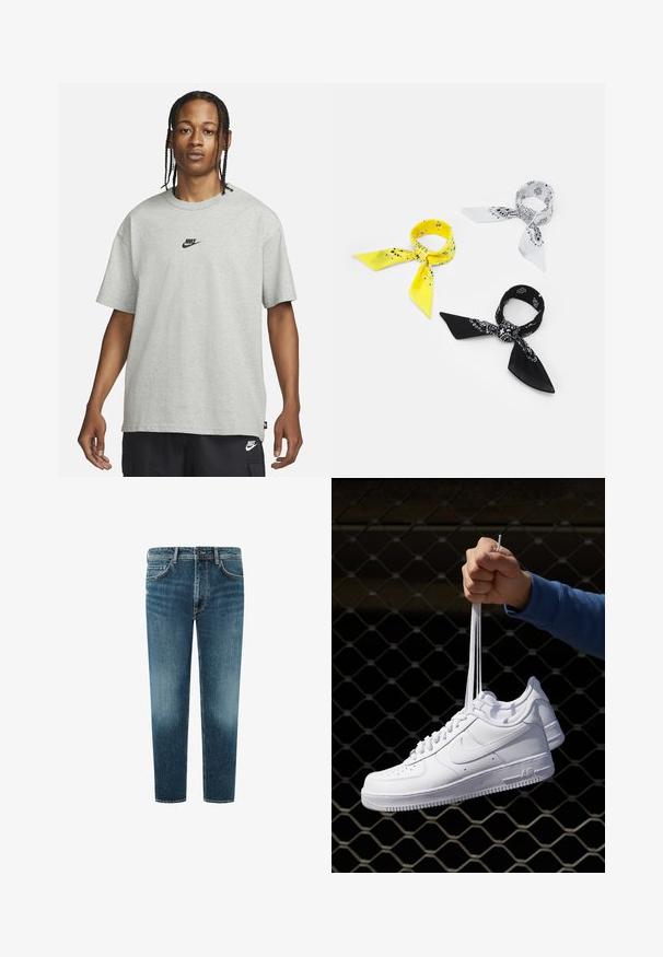 Jaunietis ar pītām matēm, kas valkā gaiši pelēku Nike T-kreklu un melnas Nike šortus uz vienkārša balta fona.; Džinsi no denima ar vidējo zilo tonējumu, taisnu kāju dizainu, piecu kabatu stilu un kontrastējošu diegu. Tīra apdare apakšmalā.; Baltas ādas sporta apavi ar perforācijām, apaļu purngali, plakanu zoli un biezām šņorēm, ar redzamu swoosh logo un vārdu "AIR" uz papēža.; Trīs bandanas: viena dzeltena ar melniem rakstiem, viena balta ar melniem dizainiem un viena melna ar baltiem attēliem. Visi ir kvadrāti, viegli audumi.