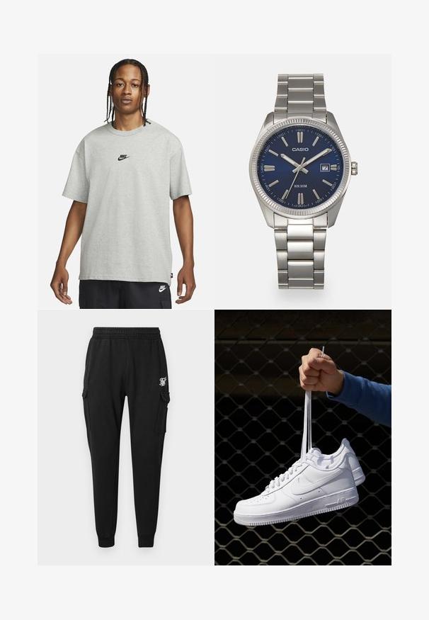 Jaunietis ar pītām matēm, kas valkā gaiši pelēku Nike T-kreklu un melnas Nike šortus uz vienkārša balta fona.; Melnas ikru bikses, kas izgatavotas no mīksta auduma, ar elastīgu jostasvietu, sānu kabatām un diskētu logotipu augšstilbā. Tiesas griezuma dizains.; Baltas ādas sporta apavi ar perforācijām, apaļu purngali, plakanu zoli un biezām šņorēm, ar redzamu swoosh logo un vārdu "AIR" uz papēža.; Sudraba nerūsējošā tērauda rokas pulkstenis ar tumši zilu ciparnīcu, metalizētiem stundu rādītājiem un datuma logu pie pulksten 3. Ūdensizturīgs līdz 50 metriem.