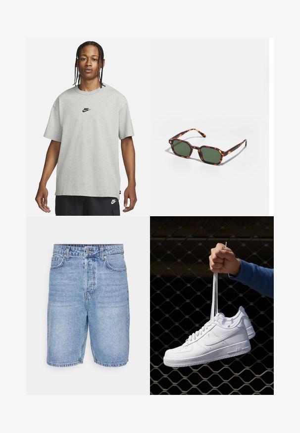 Nuori henkilö, jolla on letitetyt hiukset, pukeutuneena vaaleanharmaaseen Nike T-paitaan ja mustiin Nike-shorteihin valkoista taustaa vasten.; Vaaleansiniset farkkushortsit, joissa on klassinen muotoilu, viisi taskua, vetoketjukiinnitys ja näkyvät ompeleet helmoissa.; Valkoiset nahkasneakersit, joissa on rei'ityksiä, pyöreä kärki, tasapohja ja paksut nauhat, joissa on näkyvä swoosh-logo ja "AIR" kantapäässä.; Kilpikonnakuosiset aurinkolasit vihreillä linsseillä, joissa on oktaalinen muoto ja kapeat, kaarevat varret. Materiaalissa on kiiltävä pinta.