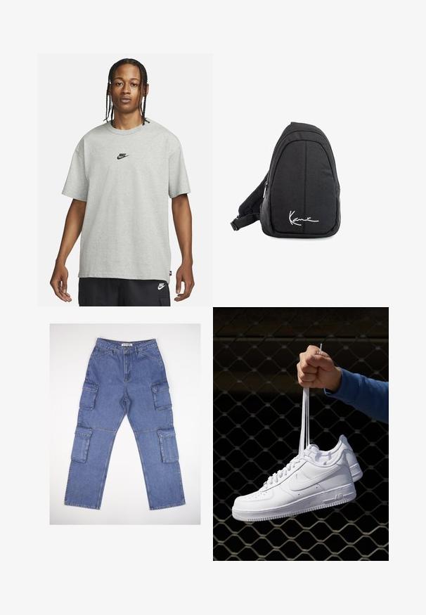 Jaunietis ar pītām matēm, kas valkā gaiši pelēku Nike T-kreklu un melnas Nike šortus uz vienkārša balta fona.; Zili džinsi ar vairākām sānu kabatām, taisni griezti un klasisku jostasvietu. Audumam ir viegla tekstūra un izbalējums.; Baltas ādas sporta apavi ar perforācijām, apaļu purngali, plakanu zoli un biezām šņorēm, ar redzamu swoosh logo un vārdu "AIR" uz papēža.; Melnas auduma siksnu mugursoma ar gludu tekstūru, ar izliekta dizaina, ar rāvējslēdzēju, un uz priekšu ir balts logo.