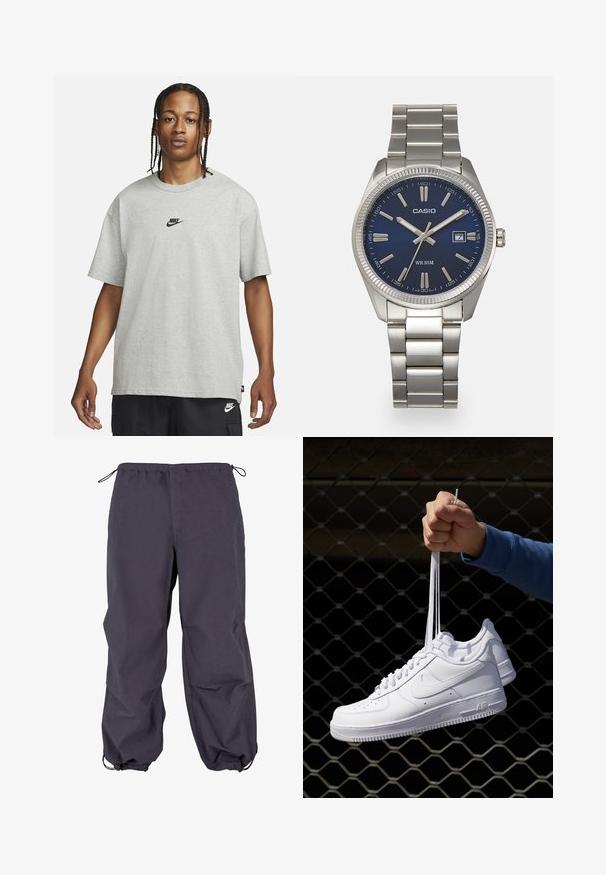 Mladý člověk s pletenými vlasy, oblečený v světle šedém tričku Nike a černých šortkách Nike, na čistém bílém pozadí.; Tmavě šedé voděodolné kalhoty s elastickým pasem, nastavitelnou šňůrkou a úzkými manžetami. Hladká textura s volným střihem.; Bílé kožené tenisky s perforacemi, kulatou špičkou, plochou podrážkou a silnými tkaničkami, které mají viditelné logo swoosh a nápis "AIR" na patě.; Stříbrný nerezový náramkový hodinky s navy modrým ciferníkem, kovovými hodinovými značkami a oknem pro datum na hodině 3. Vodotěsné do 50 metrů.