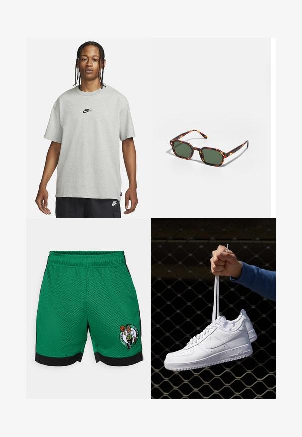Ung person med flätat hår iklädd en ljusgrå Nike T-shirt och svarta Nike-shorts framför en enkel vit bakgrund.; Gröna basketshorts i meshmaterial, med en svart midja, sido paneler och en broderad Boston Celtics-logotyp.; Vita lädersneakers med perforeringar, rund tå, platt sula och tjocka snörning, med en synlig swoosh-logga och "AIR" på hälen.; Sköldpaddsbeslag av solglasögon med gröna linser, vinklade i en oktagonal form och med smala, böjda skalmar. Materialet har en glansig yta.