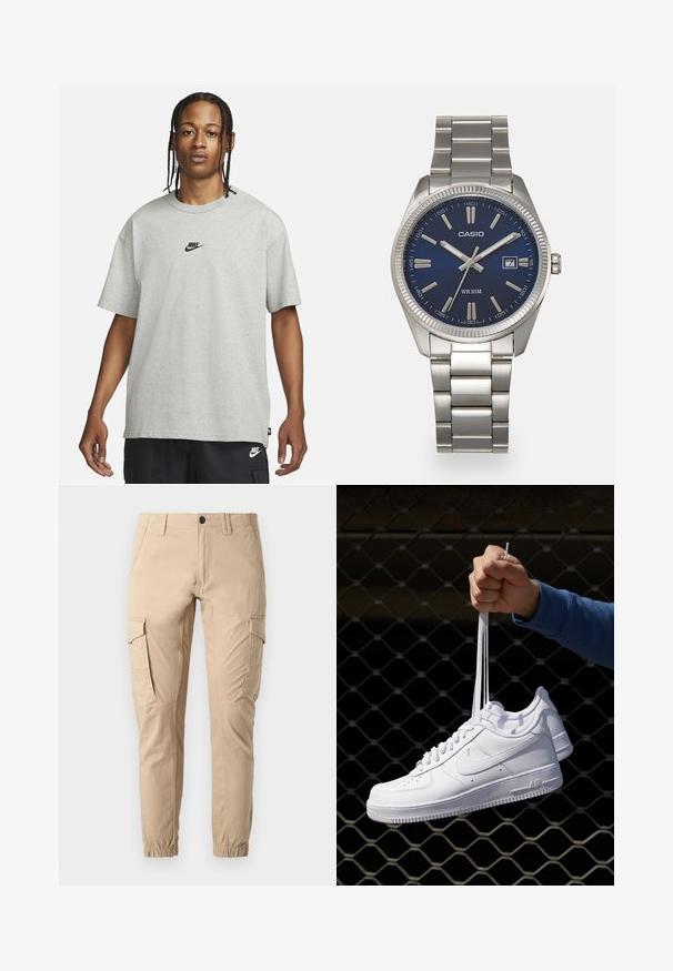 Ung person med fletninger iført en lys grå Nike T-shirt og sorte Nike shorts mod en ensfarvet hvid baggrund.; Beige cargobukser lavet af bomuld med flere sidelommer, elastiske manchetter og en let tilspidset pasform. Glat tekstur med syningsdetaljer.; Hvide lædersneakers med perforeringer, rund tå, flad sål og tykke snørebånd, med et synligt swoosh-logo og "AIR" på hælen.; Sølv rustfrit stål urrem med en marineblå urskive, metallic timemarkører og et datovindue kl. 3. Vandafvisende op til 50 meter.