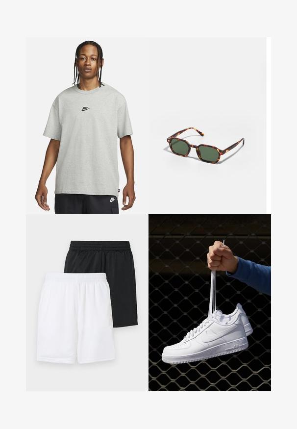 Ung person med fletninger iført en lys grå Nike T-shirt og sorte Nike shorts mod en ensfarvet hvid baggrund.; To sæt sportsshorts: et sort og et hvidt. Begge har en elastisk talje og en åndbar mesh-struktur.; Hvide lædersneakers med perforeringer, rund tå, flad sål og tykke snørebånd, med et synligt swoosh-logo og "AIR" på hælen.; Skildpaddefarvede solbriller med grønne linser, der har en oktagonal form og slanke, buede arme. Materialet har en blank finish.