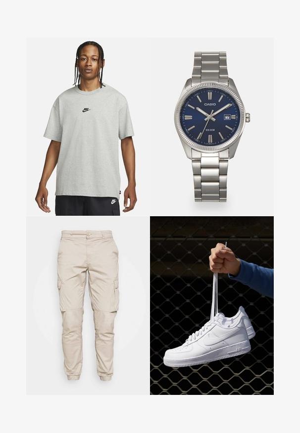 Ung person med fletninger iført en lys grå Nike T-shirt og sorte Nike shorts mod en ensfarvet hvid baggrund.; Beige cargo bukser med knaplukning, sidelommer og elastiske manchetter, lavet af slidstærkt stof med en glat tekstur.; Hvide lædersneakers med perforeringer, rund tå, flad sål og tykke snørebånd, med et synligt swoosh-logo og "AIR" på hælen.; Sølv rustfrit stål urrem med en marineblå urskive, metallic timemarkører og et datovindue kl. 3. Vandafvisende op til 50 meter.