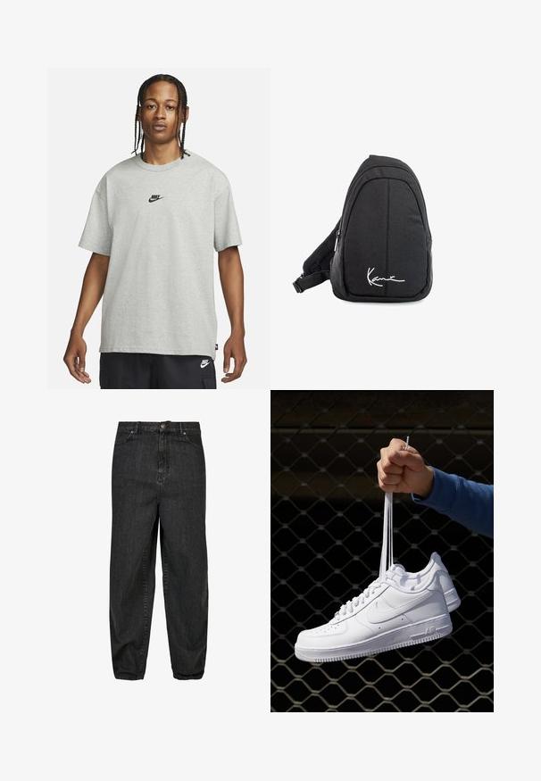 Jaunietis ar pītām matēm, kas valkā gaiši pelēku Nike T-kreklu un melnas Nike šortus uz vienkārša balta fona.; Melni denim džinsi ar vaļīgu piegriezumu, kas aprīkoti ar priekšējo pogu aizdari, pieciem kabatām un nedaudz izbalējušām detaļām audumā.; Baltas ādas sporta apavi ar perforācijām, apaļu purngali, plakanu zoli un biezām šņorēm, ar redzamu swoosh logo un vārdu "AIR" uz papēža.; Melnas auduma siksnu mugursoma ar gludu tekstūru, ar izliekta dizaina, ar rāvējslēdzēju, un uz priekšu ir balts logo.