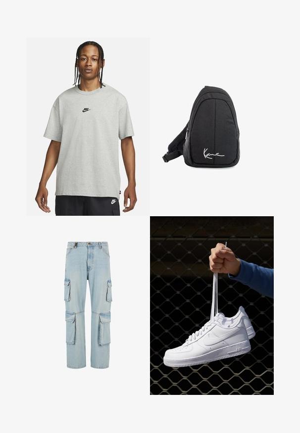 Jaunietis ar pītām matēm, kas valkā gaiši pelēku Nike T-kreklu un melnas Nike šortus uz vienkārša balta fona.; Gai zila denima cargo bikses ar vairākiem sānu kabatām, taisnas kājas dizains un izbalējušas apdare. Iekļauj priekšējo pogu un rāvējslēdzēja aizdari.; Baltas ādas sporta apavi ar perforācijām, apaļu purngali, plakanu zoli un biezām šņorēm, ar redzamu swoosh logo un vārdu "AIR" uz papēža.; Melnas auduma siksnu mugursoma ar gludu tekstūru, ar izliekta dizaina, ar rāvējslēdzēju, un uz priekšu ir balts logo.