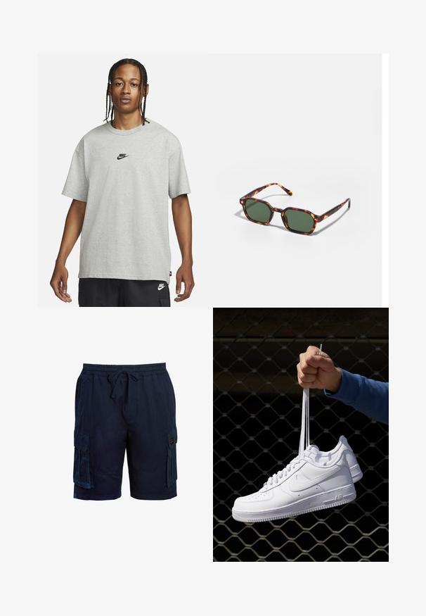 Jaunietis ar pītām matēm, kas valkā gaiši pelēku Nike T-kreklu un melnas Nike šortus uz vienkārša balta fona.; Tumši zili cargo šorti ar elastīgu vidukli, auklu, kabatām abās pusēs un teksturētu audumu ērtībai.; Baltas ādas sporta apavi ar perforācijām, apaļu purngali, plakanu zoli un biezām šņorēm, ar redzamu swoosh logo un vārdu "AIR" uz papēža.; Tortoiseshell saulesbrilles ar zaļu stiklu, ar astoņstūru formu un plānām, izliekamām kājām. Materiāls ar spīdīgu apdari.