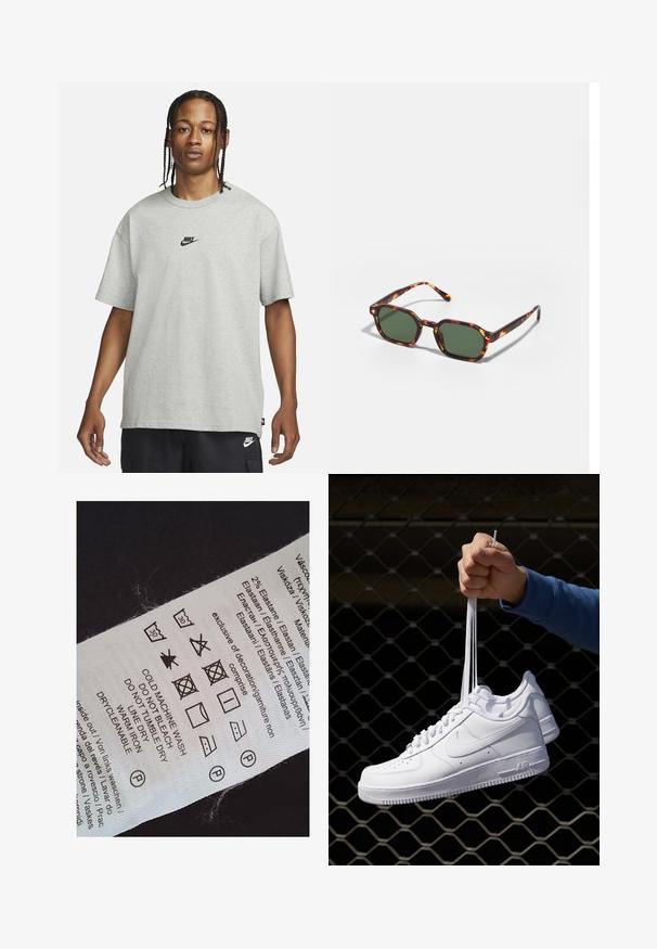 Young person with braided hair wearing a light gray Nike T-shirt and black Nike shorts against a plain white background.; Laundry care label with washing, ironing, and drying symbols. White fabric with black print. Multilingual instructions, includes care symbols.; White leather sneakers with perforations, round toe, flat sole, and thick laces, featuring a visible swoosh logo and "AIR" on the heel.; Tortoiseshell sunglasses with green lenses, featuring an octagonal shape and slim, curved arms. Material has a glossy finish.