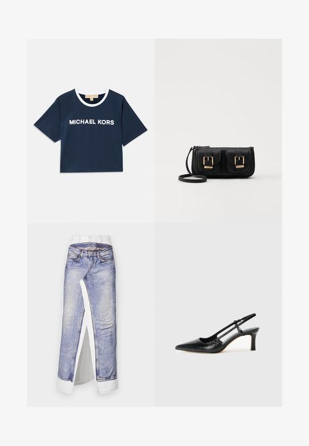 Navy blue crop t-shirt made of cotton, featuring a white ribbed collar and embroidered "MICHAEL KORS" logo at the front. Short sleeves.; Denim skirt with a photo print of jeans on white fabric. Features standard waistline, side slit, and detailed stitching on pockets.; Black patent slingback heel with a pointed toe, featuring textured snake print, adjustable strap, and a short, textured block heel.; Black leather crossbody bag with two front pockets, gold buckles, zipper closure, and a slim strap. Textured surface and compact rectangular shape.