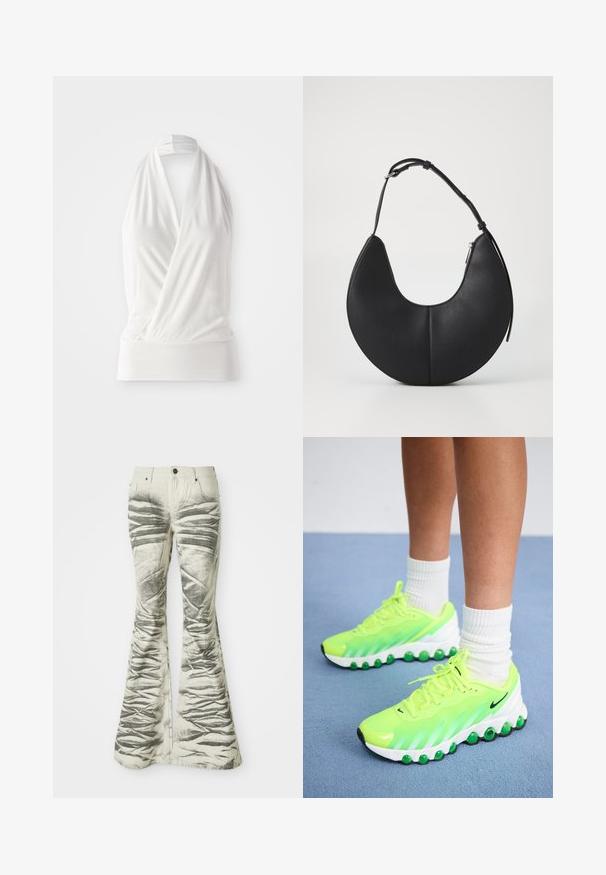 Balta be rankovių viršutinė dalis su apvijos dizainu, pagaminta iš minkštos, lengvos medžiagos. Turi prigludusį juosmens dirželį ir surišamą kaklo diržą.; Šviesių spalvų platiems džinsams su juodomis tekstūruotomis horizontaliomis juostelėmis ir raukšlių detalėmis, su priekinėmis kišenėmis ir metaliniu segtuku.; Neon žali sportiniai bateliai su tekstūruotu paviršiumi, balta padu ir žaliais akcentais. Yra raišteliai, juodas logotipas ir apvalus siluetas.; Juodas odinis rankinės krepšys pusmėnulio formos, su lygiu paviršiumi, viena reguliuojama juosta ir šoniniu užtrauktuku.