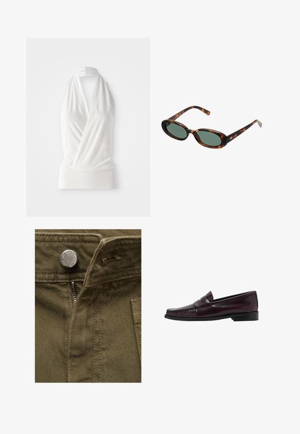 Weißes ärmelloses Top mit Wickeldesign, hergestellt aus weichem, leichtem Stoff. Verfügt über ein enges Bündchen am Saum und einen zugebundenen Halsriemen.; Olivgrüner Baumwollstoff mit sichtbarem Reißverschluss und metallischem Knopfdetail; verfügt über Nähte und eine Seitentasche.; Dunkelbraune Herrenleder-Pennyloafers mit schwarzer Sohle und Steppdetails entlang der Spitze, im Seitenprofil gezeigt.; Schildpatt-Sonnenbrille mit ovalen Rahmen und grünen Gläsern. Verfügt über dünne Bügel mit einem metallischen Akzent in der Nähe der Scharniere.