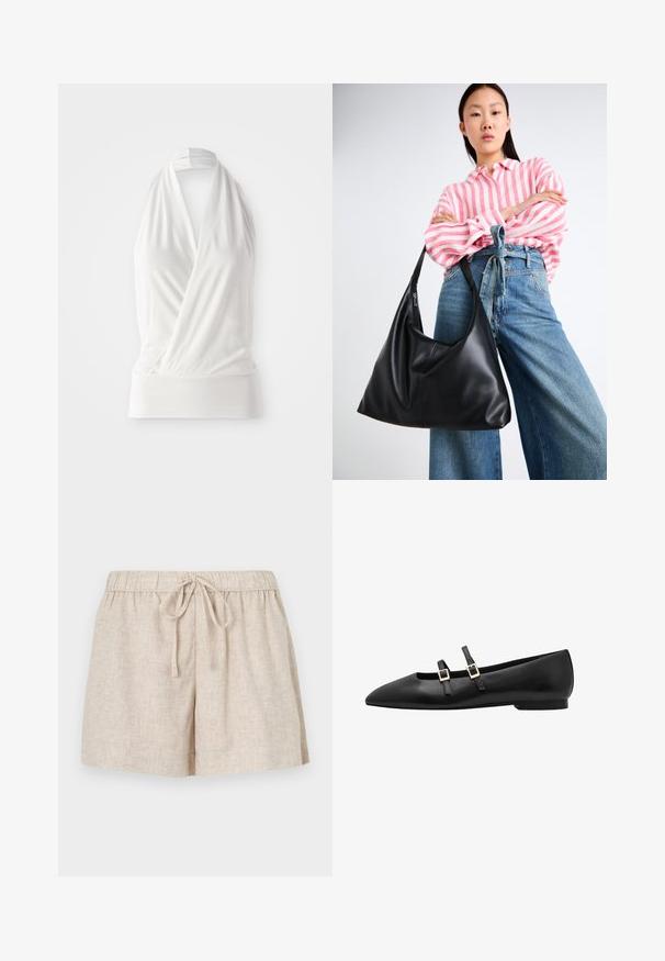 Biela bezrukávová blúzka s prekrývavým dizajnom, vyrobená z mäkkej, ľahkej látky. Má priliehavý lem na okraji a viazanie na krku.; Ľanové šortky v svetlo béžovej farbe s elastickým pásom a nastaviteľnou šnúrkou. Majú voľný strih a hladkú textúru.; Čierne kožené baleríny s špicatou špičkou, ktoré majú dva čierne popruhy a zlaté štvorecové spony. Hladký povrch a nízky profil podrážky.; Čierna kožená taška cez rameno s uvoľneným tvarom a detailmi švov. Model má na sebe ružovú a bielu prúžkovanú košeľu a široké modré džínsy.