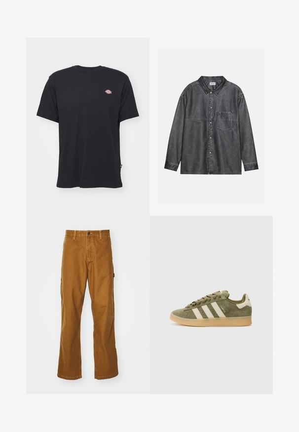 T-shirt en coton noir à manches courtes, col rond, et petit logo coloré sur la poitrine gauche. Présente un ourlet droit.; Chemise noire à boutons en denim usé, avec un col pointu, des manches longues, une poche poitrine avant et des détails de couture visibles.; Pantalons cargo en coton marron avec une coupe droite, fermeture à bouton à l'avant et poches latérales. Texture lisse et matériau durable.; Baskets en daim vert olive avec des rayures crème, à lacets, et une semelle en caoutchouc beige. Présente du texte de marque sur le côté extérieur.