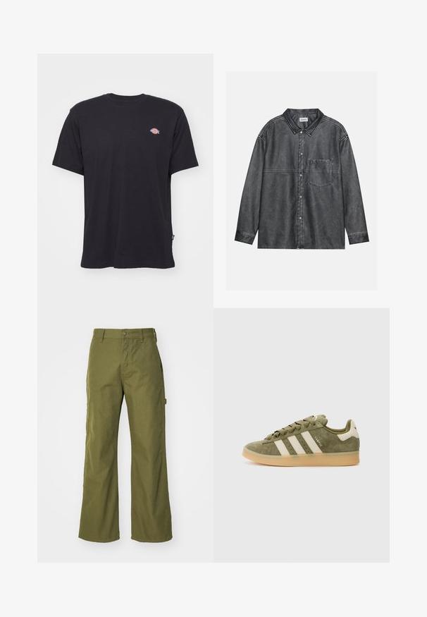 Fekete pamut póló rövid ujjakkal, kerek nyakkivágással és kis színes logóval a bal mellrészen. Egyenes szegéllyel rendelkezik.; Fekete gombos ing, elhasználódott farmer anyagból, hegyes gallérral, hosszú ujjakkal, elülső mellzsebbel és látható varrásrészletekkel.; Olajzöld bőszárú nadrág tartós anyagból, gombos záródással, oldalsó zsebekkel és egyenes szegéllyel.; Olive zöld velúr edzőcipő krémszínű csíkokkal, fűzős kialakítással és világosbarna gumitalppal. Az oldalán márkázott szöveg látható.