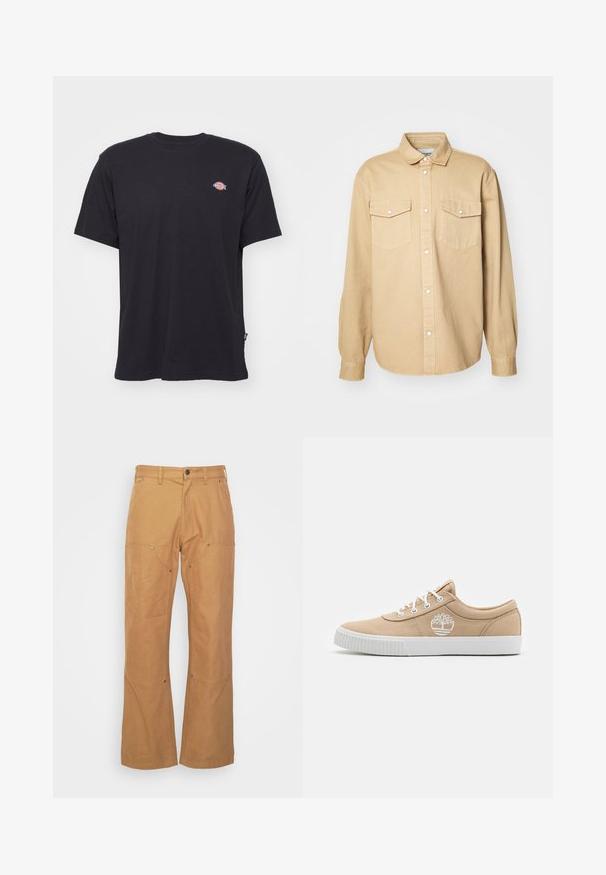 Musta puuvillainen T-paita lyhyillä hihoilla, pyöreällä kaula-aukolla ja pienellä värikkäällä logolla vasemmassa rinnassa. Ominaisuutena suora helma.; Beige napapaita valmistettu puuvillasta, jossa on klassinen kaulus, kaksi rinta-taskua ja pitkät hihat napillisilla hihansuilla.; Vaaleat cargo-housut, jotka on valmistettu kestävästä kankaasta, sisältävät sivutaskut, metalliset yksityiskohdat, suoran lahkeen leikkauksen ja normaalikorkean vyötärön.; Beige kangaskengät, joissa on valkoinen kumipohja, valkoiset silmukat ja nauhat, sekä valkoinen logomerkki kengän ulkopuolella.