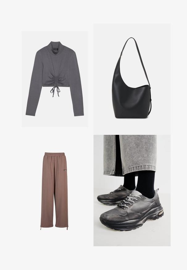 Grijze langarmige crop top met hoge hals. Bevat gathering details met verstelbare strikken aan de zoom voor een aangesloten uitstraling.; Bruine, loszittende sweatpants met een elastische tailleband en een trekkoord aan de onderkant. Bevat een klein logo aan de zijkant.; Zwarte en grijze sport schoenen hebben een mesh bovenkant, dikke zolen en veters. Ze hebben een ronde neus en zichtbare dempingsdetails.; Zwarte leren hobo tas met een gladde textuur, kromme vorm en een enkele verstelbare schouderband; heeft een brede opening aan de bovenkant.
