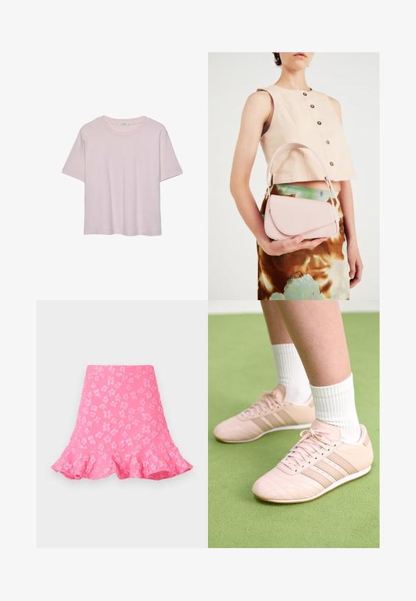 Svetlo roza majica s kratkimi rokavi in okroglim ovratnikom, narejena iz mehke tkanine, z ohlapnim krojem in ravnim robom.; Roza raztegnjena krila z embosiranimi cvetličnimi vzorci, volanastim robom in gladko teksturo. Dolžina nad koleni z oprijetim pasom.; Svetlo roza športni čevlji z diagonalnim šivom, belimi podplati in tremi stranskimi črtami. Oblečeni z rebrastimi belimi nogavicami na zeleni površini.; Roza usnjena torbica s ukrivljenim poklopcem, enim naramnim trakom in čistimi linijami. Torbica se ponaša z gladko teksturo in minimalističnim dizajnom.