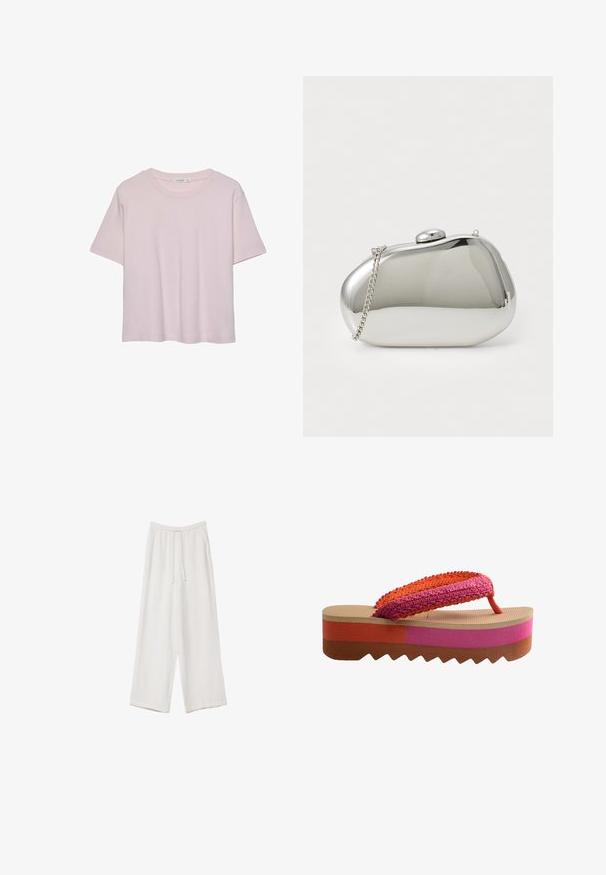 Světle růžové tričko s krátkým rukávem a kulatým výstřihem, vyrobené z měkké látky, s volným střihem a rovním lemem.; Bílé široké kalhoty vyrobené z lehké tkaniny. Mají elastický pas se šňůrkou a boční kapsy. Hladká textura.; Platformové žabky s tkaným páskem v oranžové a růžové barvě. Strukturovaná béžová stélka a vroubkovaná podrážka s hnědými, růžovými a korálovými pruhy.; Stříbrná kovová spojka s zaobleným, hladkým tvarem. Obsahuje uzávěr na klips a odnímatelný řetízek. Reflexní povrch bez vzorů.