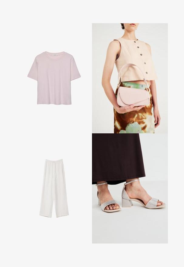 Svijetložuti kratki rukav majica s okruglim izrezom, izrađena od mekog materijala, s opuštenim krojem i ravnim rubom.; Bijele hlače širokih nogavica napravljene od lagane tkanine. Imaju elastičan pojas s ušicom i bočne džepove. Glatka tekstura.; Srebrne sandale s blok petom ukrašene sjajem, otvorenog prsta i remenom oko gležnja. Imaju sjajnu teksturu na trakama i bež potplat.; Ružičasta kožna torba s zakrivljenim poklopcem, jednim remenom za rame i čistim linijama. Torba ima glatku teksturu i minimalistički dizajn.