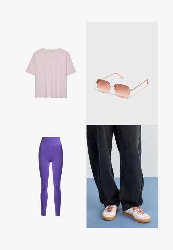 T-shirt rosa chiaro a maniche corte con scollatura rotonda, realizzato in tessuto morbido, con una vestibilità rilassata e orlo dritto.; Leggings viola a vita alta con pannelli in maglia testurizzata, finitura liscia e dettagli a costine in vita e alla caviglia.; Pantaloni in denim neri a gamba larga con dettagli di cucitura frontale, abbinati a sneakers bianche e rosa con suola in gomma e lacci rosa.; Occhiali da sole rettangolari con lenti rosa sfumate, montatura in metallo dorato e aste rosa. Presentano piccoli cuscinetti per il naso e dettagli sottili sulle cerniere.