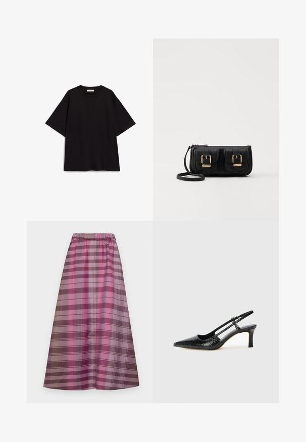 Fekete pamut póló laza illeszkedéssel, rövid ujjakkal, kerek nyakkivágással és sima textúrával. Nincsenek minták vagy díszítmények.; Hosszú kockás szoknya, amely különböző árnyalatú rózsaszínt, lilát és barnát tartalmaz. Simogató anyagból készült, rugalmas derékkal a kényelem érdekében.; Fekete lakk slingback sarok, hegyes orral, texturált kígyómintával, állítható pánttal és rövid, texturált tömbsarkal.; Fekete bőr keresztbody táska két elülső zsebbel, arany csattokkal, cipzáras záródással és vékony pánttal. Textúrált felület és kompakt téglalap alak.