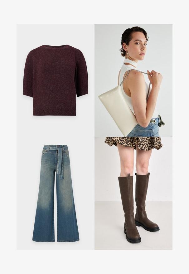 Bordo pleteni pulover s kratkim rukavima, okruglim izrezom, mekanom teksturom i lagano rastezljivim krojem. Bez istaknutih uzoraka ili detalja od hardvera.; Široke traperice s gradijentom od svijetloplave do tamnoplave, visokog struka, petljama za remen i remenom od istog materijala. Teksturirana traper tkanina.; Smeđe čizme do koljena s teksturiranom površinom, s čvrstim crnim gumiranim đonom i bočnim patentnim zatvaračem.; Bijela pravokutna torbica s kopčanjem, izrađena od sjajnog materijala, s srebrnim lančićem. Model pozira, prikazujući torbicu na jednostavnoj pozadini.