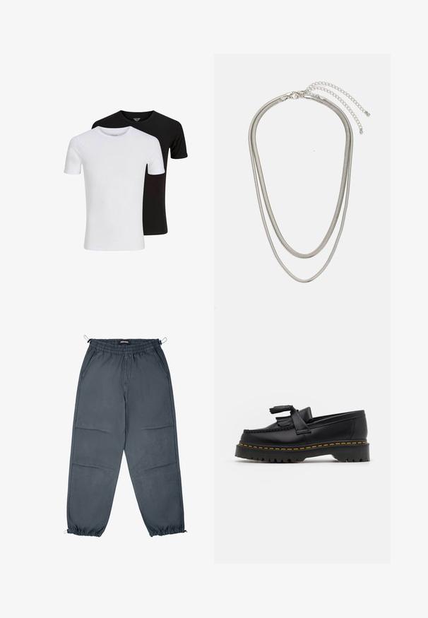 Du trumpo rankovės T marškiniai, vieni balti priekyje ir kiti juodi gale, pristatyti ant balto fono.; Pilkos sportinės kelnės su elastingu juosmeniu, šoninėmis kišenėmis ir elastingu prieuščiu, pasižyminčios lygiu paviršiumi ir tiesia forma.; Juodas odinis loaferis su kutais, turintis masyvų juodą pado ir geltonus siūlus palei kraštą. Textūruota danga.; Trijų sluoksnių sidabrinė metalinė apyrankė, kuri pasižymi stilingomis, lankstosiomis grandinėlėmis su švelniu blizgesiu, užsegama krabų užsegimu ir reguliuojama grandinė.