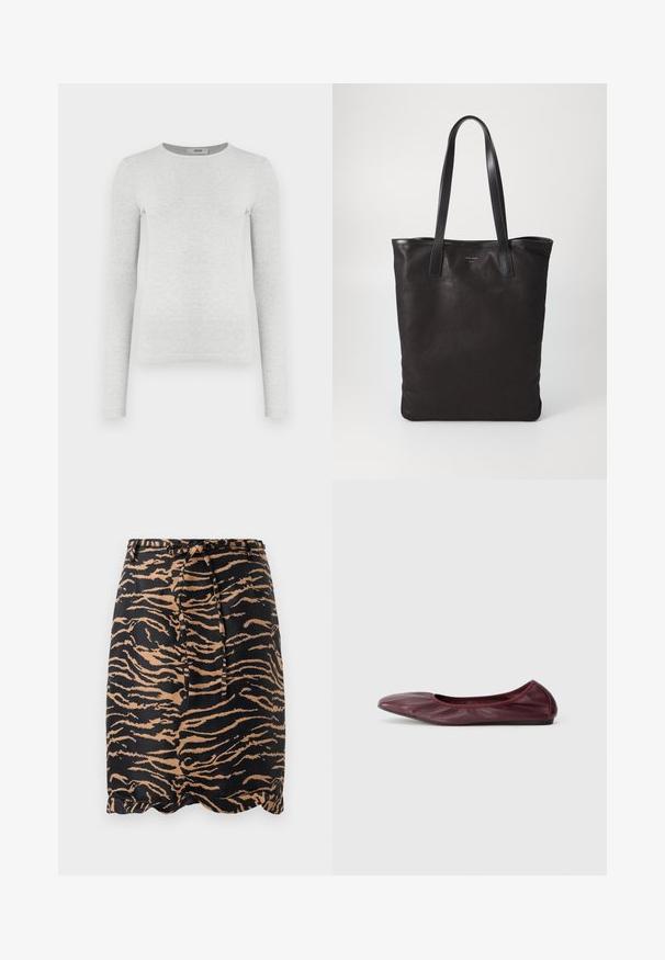 Hosszú ujjú, szürke bordás kötött felső, kerek nyakkivágással, testhez simuló szabással, sima textúrával, látható logók vagy díszítések nélkül.; Fekete és barna tigriscsíkos szoknya, sima anyagból készült, kötött derékkal és hullámos szegéllyel.; Burgundi színű, mély bőrből készült balerina cipő, lekerekített orral, rugalmas szegéllyel és sima felülettel, finom redőzéssel.; Fekete vászontáska fekete bőr füllel. Egyszerű dizájn, tágas test és sima textúra. Nincsenek látható logók vagy minták.