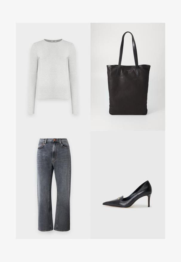 Langermet grå ribbestrikket topp med rund hals, tettsittende silhuett, glatt tekstur, uten synlige logoer eller utsmykkinger.; Mørk grå denimjeans med høy midje, rett passform, fem lommer og kontrastfarget oransje søm.; Svart lærpumps med spiss tå, lav vamp og dekorativ gullaccent. Har stiletthæl og glatt tekstur.; Svart kanvas tote bag med svarte lærhåndtak. Enkel design, romslig kropp og en jevn tekstur. Ingen synlige logoer eller mønstre.