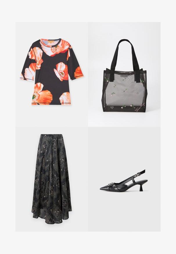 Chemise noire à manches trois-quarts, ornée de grands motifs floraux rouges et orange. Tissu doux avec un col rond et des finitions contrastées.; Paul & Joe JUPE - Jupe longue - marine; Chaussure slingback en cuir noir avec un bout pointu, des sangles décoratives avec œillets en métal et un petit talon carré. Surface texturée.; Sac fourre-tout en mesh noir avec des motifs floraux brodés, doté de poignées noires robustes et d'une étiquette de logo à l'avant. Matériau translucide.