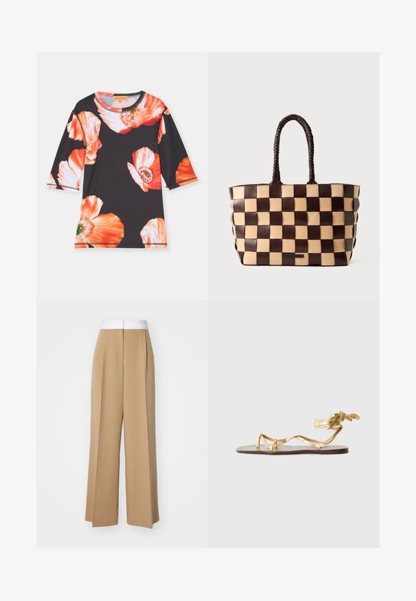 Črna majica s tričetrtinskimi rokavi, ki ima velike rdeče in oranžne cvetlične vzorce. Mehka tkanina z okroglo ovratnico in kontrastnim robom.; Široke hlače iz svetlo rjave tkanine s kontrastnim belim pasom. Imajo čiste linije in brez vidnih vzorcev ali okrasitev.; Ploske sandale z zlatim metalnim zaključkom, tankimi trakovi in vezanjem. Podplat je iz rjavega usnja z minimalnim dizajnom.; Rjava in bež usnjena torbica za čez ramo z opletenim šahovskim vzorcem in pletenimi ročaji na beli podlagi.