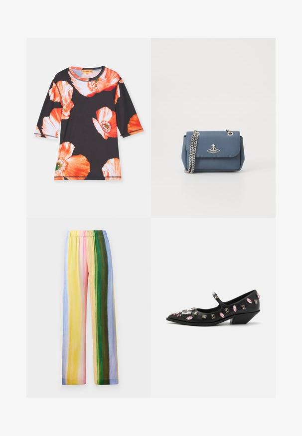 Mustalane kolmveerandi varrukatega särk, millel on suured punased ja oranžid lillemustrid. Pehme kangas ümmarguse kaelusega ja kontrastsete detailidega.; Laiad jalatsid elastse vööga, millel on püstised triibud pastelltoonides: kollane, roosa, roheline, sinine ja helesinine. Sile tekstuur.; Must värvitud nahast Mary Jane stiilis kingad, millel on terav varvas, kaunistatud erineva kujuga kivitükkidega roosa ja selge värviga, millel on madal kiilkonts.; Sinine tekstuuriga faux nahast käekott, millel on hõbedane ketirihm ja logo aktsent ees. Klambri sulgemine ja klapi disain.