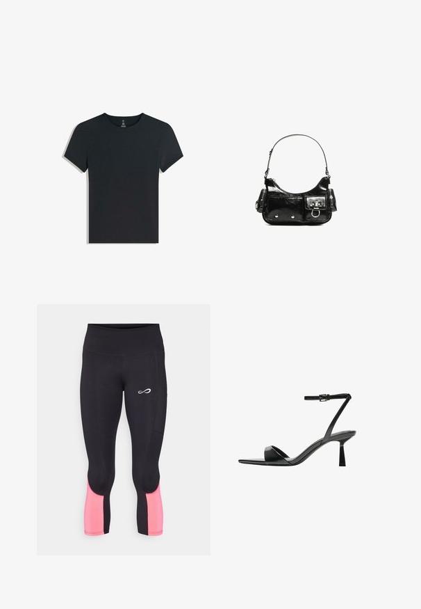 Musta puuvillapaita, jossa on lyhyet hihat, pyöreä kaula-aukko ja pehmeä, sileä pinta. Yksinkertainen muotoilu, ilman kuvioita tai näkyviä varusteita.; Endless LIFT - Urheilucaprit - black/bright coral; Bershka Korolliset sandaalit - black; Mustekko mustasta kiiltonahasta valmistettu käsilaukku, jossa on kaareva muoto, yksi olkahihna, etutaskut ja hopeanväriset yksityiskohdat.