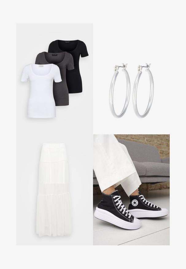 Kolm mugavat T-särki valges, hallis ja mustas värvitoonis. Igal särgil on lai madal kaelus ja lühikesed varrukad. Valmistatud siledast, venivast kangast.; Valge mitme kihiga maxi seelik elastse vöökohtaga. Valmistatud kergest kangast, omab poolläbipaistvaid kihte ja voolavat disaini.; Mustad kõrge säärega tossud valgete kummist tallade ja paeltega. Omad ümmargust logomärki ja kontrastset valget õmblust. Materjaliks lõuend.; Hõbedased rõngaskõrvarõngad, millel on sile, läikiv viimistlus. Ümmargune kuju ja turvaline klõpsulatus. Kerge disain, sobib igapäevaseks kandmiseks.