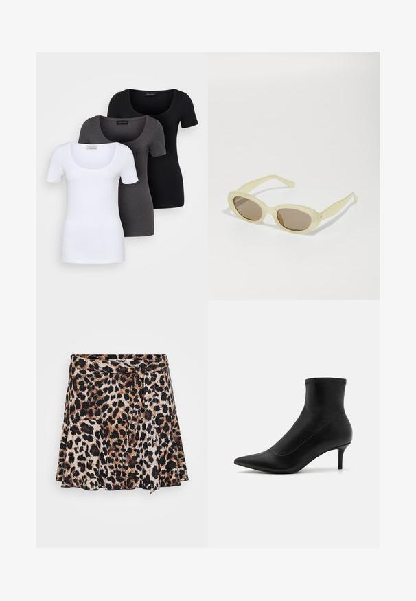 Tričko v bielej, šedej a čiernej farbe s priliehavým strihom. Každé má široký výstrih a krátke rukávy. Vyrobené z hladkej, elastickej tkaniny.; Sukňa s leopardím vzorom s rozšíreným strihom, obsahujúca odtiene hnedej a čiernej farby na svetlom pozadí. Mäkká tkanina s hladkým povrchom.; Čierne členkové topánky vyrobené z hladkej kože s špicatou špičkou a krátkym, tenkým podpätkom. Obsahujú bezšvový dizajn a jemné prešívanie.; Oválne slnečné okuliare s priesvitným svetložltým rámom a hnedými šošovkami. Majú úplne hladký povrch a jemné kovové akcenty na stranách.; Strieborné kovové náušnice vo forme kruhov s brúsenou textúrou, so zaobleným dizajnom a priehľadným zarážkou pre bezpečné nosenie.