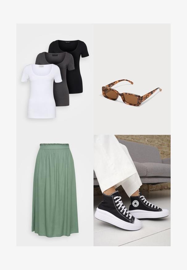 Három szűkített T-póló fehér, szürke és fekete színben. Mindegyik széles, kerek nyakkal és rövid ujjakkal rendelkezik. Simább, elasztikus anyagból készült.; Zöld midi szoknya, gumírozott derékpánttal, sima textúrával és folyékony fazonnal, enyhe A-vonalú alakja van, minták nélkül.; Fekete magas szárú tornacipők fehér gumitalppal és fűzővel. Kör alakú logófolttal és kontrasztos fehér varrással. Vászon anyagból.; Tarka mintás napszemüveg, téglalap alakú barna lencsékkel, vastag kerettel és vékony, különböző árnyalatú barna mintázattal ellátott szárakkal.