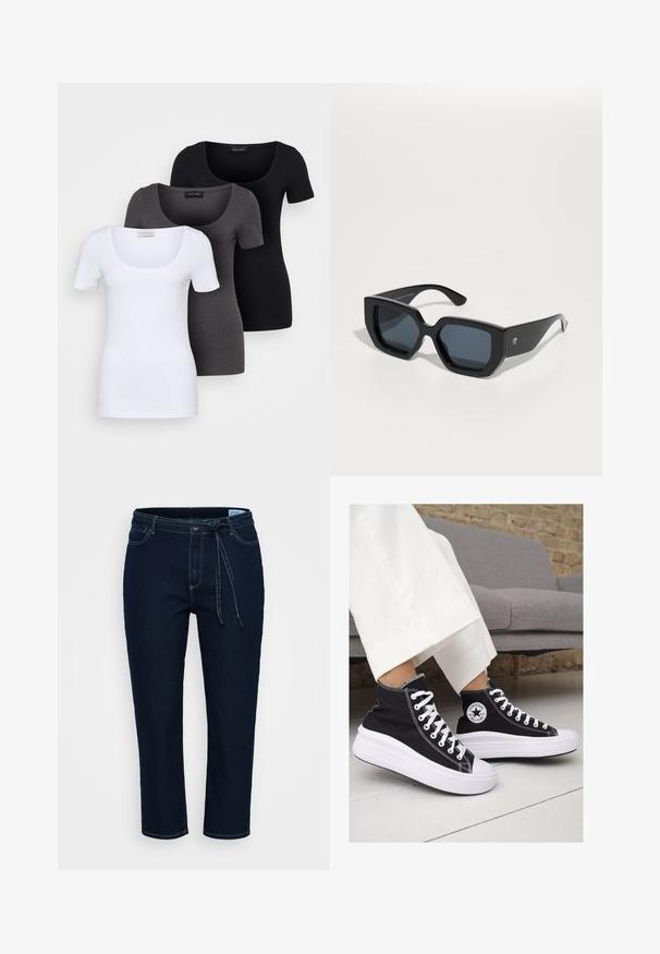 Tri prilegla majica v beli, sivi in črni barvi. Vsaka ima širok izrez na vratu in kratke rokave. Narejene so iz gladkega, raztegljivega materiala.; Temno modri denim hlače z ohlapnim krojem. Imajo šivane poudarke, pas z vrvico in pet žepov. Gladka tekstura in dolžina do gležnjev.; Črne platnene visoke superge z belimi gumijastimi podplati in vezalkami. Imajo krožni logotip na strani in kontrastno bele šive.; Črne velike sončne očala z geometrijskim dizajnom, pravokotnimi lečami in sijočo površino. Brez vidne blagovne znamke spredaj.