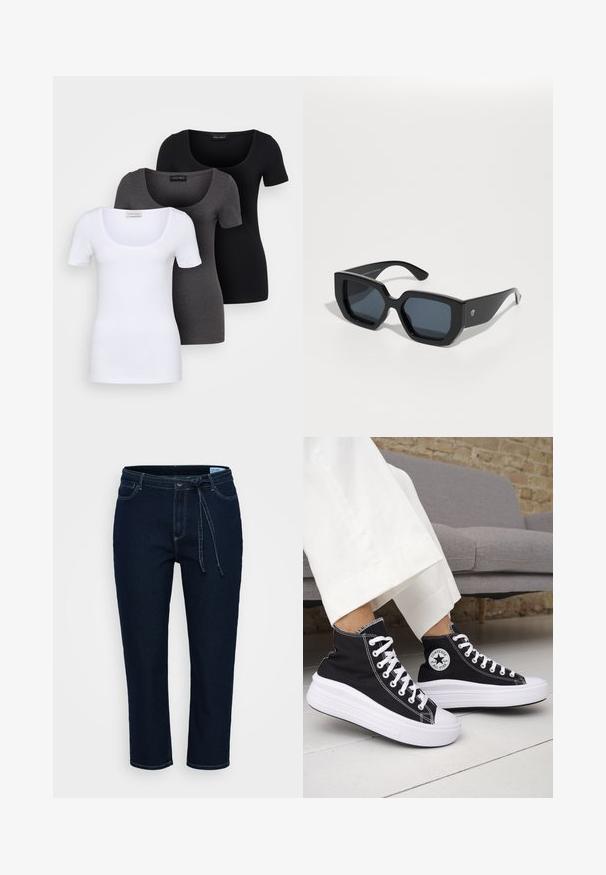 Trzy dopasowane koszulki w kolorze białym, szarym i czarnym. Każda z nich ma szeroki dekolt w serek i krótkie rękawy. Wykonana z gładkiego, elastycznego materiału.; Ciemnoniebieskie dżinsowe spodnie o luźnym kroju. Posiadają wyszywane akcenty, ściągacz w talii i pięć kieszeni. Gładka tekstura i długość do kostek.; Czarne trampki typu high-top z białą gumową podeszwą i sznurówkami. Posiadają okrągłą naszywkę z logo oraz kontrastujące białe przeszycia. Wykonane z materiału płóciennego.; Czarne, oversize okulary przeciwsłoneczne o geometrycznym wzorze, prostokątne soczewki i błyszczące wykończenie. Brak widocznych oznaczeń na przedniej części.