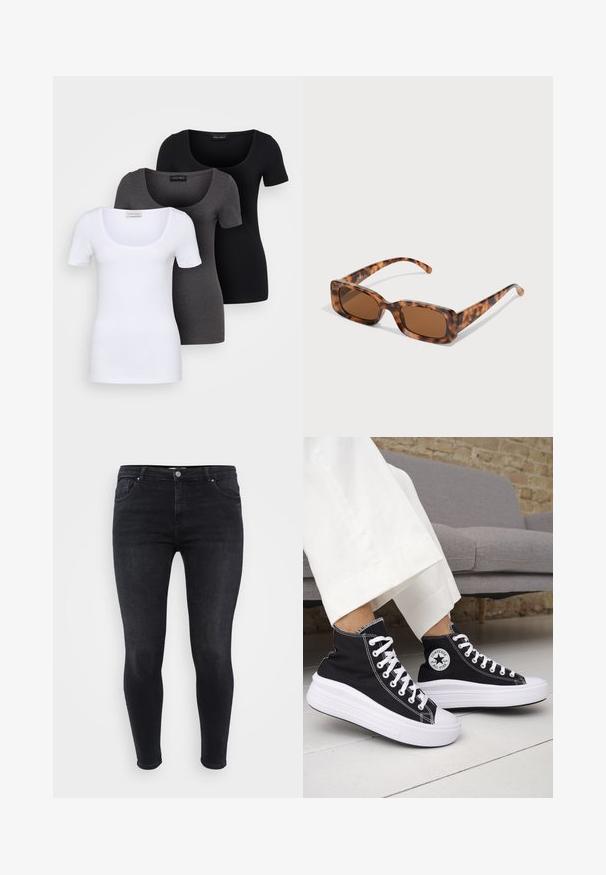 Három szűkített T-póló fehér, szürke és fekete színben. Mindegyik széles, kerek nyakkal és rövid ujjakkal rendelkezik. Simább, elasztikus anyagból készült.; Fekete skinny farmernadrág sima textúrával. Elöl gombos záródással, övbújtatókkal és öt zsebbel rendelkezik.; Fekete magas szárú tornacipők fehér gumitalppal és fűzővel. Kör alakú logófolttal és kontrasztos fehér varrással. Vászon anyagból.; Tarka mintás napszemüveg, téglalap alakú barna lencsékkel, vastag kerettel és vékony, különböző árnyalatú barna mintázattal ellátott szárakkal.
