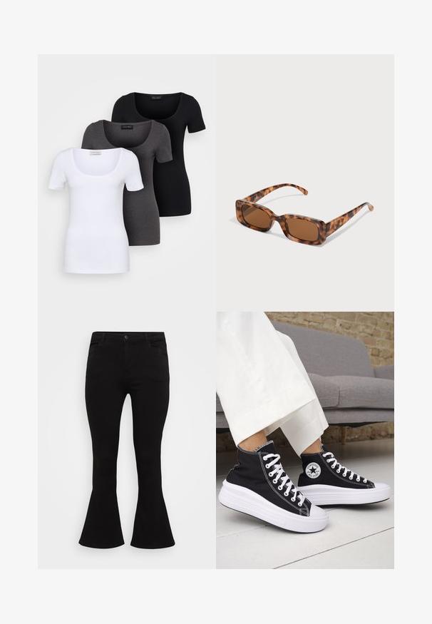 Tre T-shirt aderenti in bianco, grigio e nero. Ognuna presenta un ampio scollo a barca e maniche corte. Realizzate in un tessuto morbido e elastico.; Jeans neri a zampa d'elefante con vita aderente, design classico a cinque tasche e tessuto denim liscio con una leggera elasticità.; Sneakers nere alte con suole e lacci in gomma bianca. Presentano una toppa con logo rotondo e cuciture a contrasto bianche. Materiale in tela.; Occhiali da sole tartarugati con lenti rettangolari marroni, una montatura spessa e stanghette sottili con un motivo di diverse tonalità di marrone.