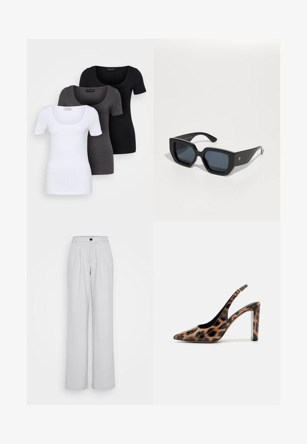 Three fitted T-shirts in white, gray, and black. Each features a wide scoop neckline and short sleeves. Made from smooth, stretchy fabric.; Light gray wide-leg trousers with front pleats, a fitted waistband, and a single black button closure. Made from smooth, textured fabric.; Leopard print slingback pump with a pointed toe and transparent block heel. Made of glossy material with a smooth texture.; Black oversized sunglasses with a geometric design, rectangular lenses, and glossy finish. No visible branding on the front.