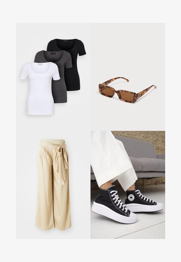 Três t-shirts ajustadas em branco, cinza e preto. Cada uma possui um decote amplo e mangas curtas. Feitas de um tecido liso e elástico.; Calças de perna larga em tecido bege suave, com uma faixa na cintura envolta e detalhe de laço. Textura lisa com um design fluido.; Ténis pretos de cano alto com solas e atacadores em borracha branca. Apresentam um emblema redondo e costuras contrastantes em branco. Material em lona.; Uns óculos de sol de padrão tartaruga com lentes retangulares castanhas, uma armação grossa e hastes finas com um padrão de diferentes tons de castanho.