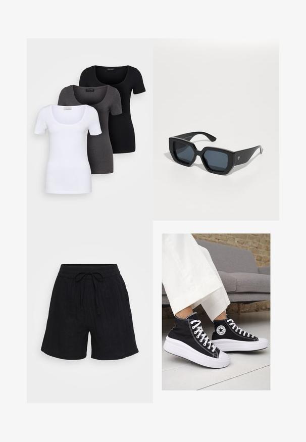 Three fitted T-shirts in white, gray, and black. Each features a wide scoop neckline and short sleeves. Made from smooth, stretchy fabric.; Black linen shorts with an elastic waistband, adjustable drawstring, and subtle vertical texture. Relaxed fit, mid-thigh length.; Black canvas high-top sneakers with white rubber soles and laces. Features a circular logo on the side and contrasting white stitching.; Black oversized sunglasses with a geometric design, rectangular lenses, and glossy finish. No visible branding on the front.