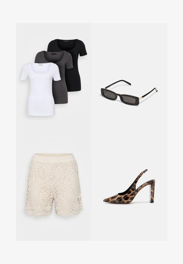 Three fitted T-shirts in white, gray, and black. Each features a wide scoop neckline and short sleeves. Made from smooth, stretchy fabric.; Lace shorts in light beige with floral patterns, scalloped hem, and a textured woven waistband, featuring intricate detailing throughout.; Leopard print slingback pump with a pointed toe and transparent block heel. Made of glossy material with a smooth texture.; Black rectangular sunglasses with dark lenses, glossy plastic frames, and gold accents on the temples. Minimalist design and sleek shape.; Black fabric handbag featuring a tied bow accent, rounded shape, textured surface with small patterns, and a single, thin handle.