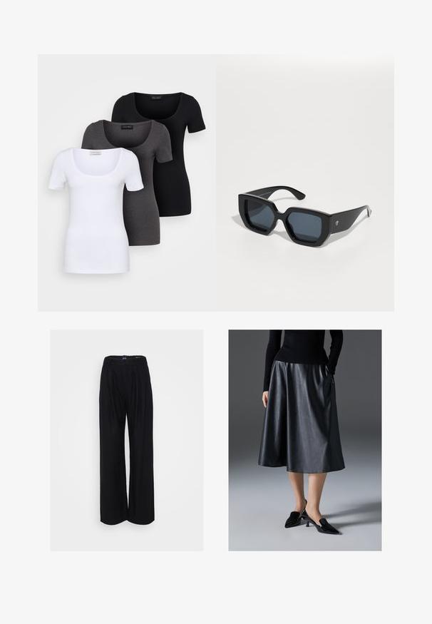 Trīs pieguļoši T-krekli baltā, pelēkā un melnā krāsā. Katram ir plaša izgriezuma kakla un īsas piedurknes. Izgatavoti no gluda, elastīga auduma.; Melni plati bikses, izgatavotas no viegla materiāla, ar krokotām priekšējām daļām, augstu jostasvietu un brīvu piegriezumu ērtībai.; Melnas ādas midi svārki ar gludu tekstūru; satur jostasvietu un sānu kabatas. Apvienoti ar spīdīgām melnām kurpēm ar papēdi.; Melnas lielas saulesbrilles ar ģeometrisku dizainu, taisnstūrveida lēcas un spīdīgu apdari. Uz priekša nav redzama zīmola.; Sudraba metāla gredzenveida auskari ar matētu faktūru, ar apaļu dizainu un caurspīdīgu aizdari, lai nodrošinātu drošu valkāšanu.