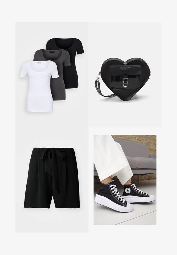 Trei tricouri ajustate, în alb, gri și negru. Fiecare are un decolteu larg în formă de cerc și mâneci scurte. Fabricate dintr-un material neted și elastic.; Pantaloni scurți negri dintr-un material texturat, cu o închidere prin legare la talie și o croială lejeră, ajungând la jumătatea coapsei ca lungime.; Sneakers negre înalte din pânză, cu tălpi și șireturi albe din cauciuc. Prezintă un logo circular pe lateral și cusături albe în contrast.; Geantă de formă inimă, de culoare neagră, realizată din piele lacuită, cu un buzunar frontal dotat cu închidere prin cataramă și o curea detașabilă. Accente din metal argintiu.