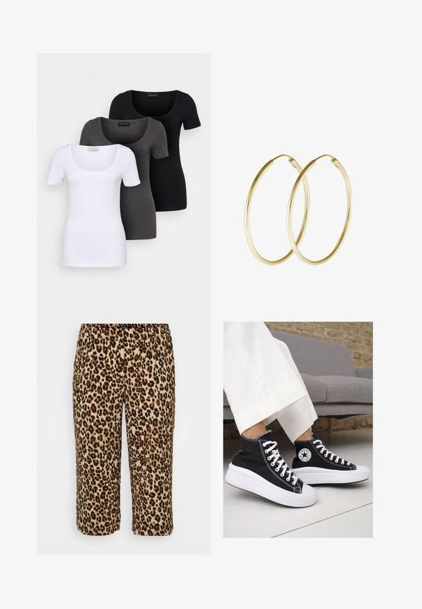 Tres camisetas ajustadas en blanco, gris y negro. Cada una cuenta con un escote amplio y mangas cortas. Están hechas de una tela suave y elástica.; Pantalones con estampado de leopardo en tejido suave. Cuentan con una cintura elástica, longitud corta y un patrón de manchas negras y marrones sobre un fondo beige.; Zapatillas altas de lona negra con suelas y cordones de goma blanca. Presentan un logo circular en el lateral y costuras blancas en contraste.; Pendientes de aro de oro con un diseño suave y redondeado y un acabado brillante. Construcción ligera con un cierre de broche seguro.